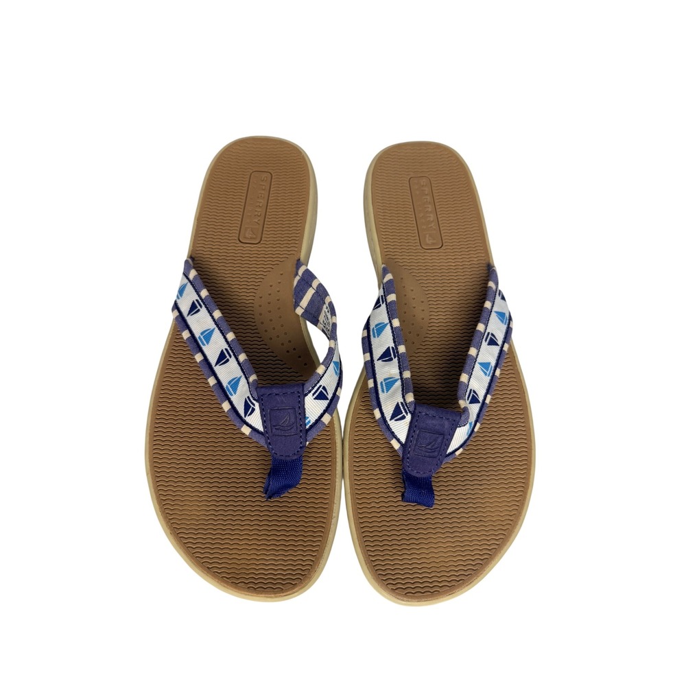 Sperry Top-Sider Womens 8 Nautical Sailboat Flip Flops Blue White Sandal Coastal